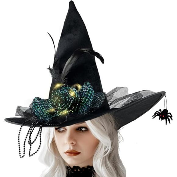 Women's Halloween Black Witch Hat with Spider Light up Velvet Witch Hat - Picture 1 of 5
